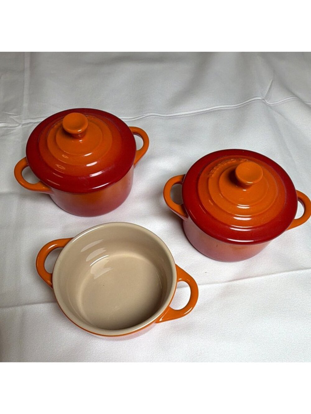 Le Creuset Mini Round Ceramic Casserole Dishes w/ 2 Lids , 3-Piece Orange Beige